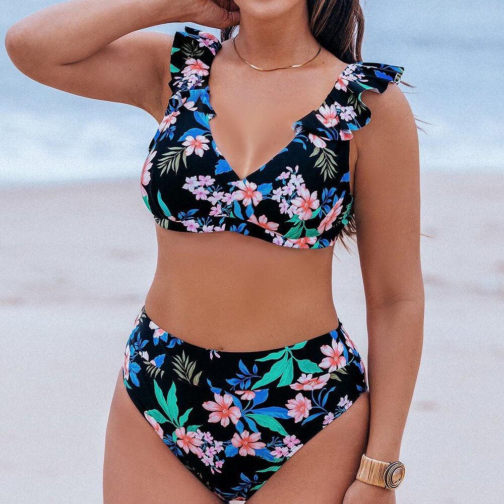 Cupshe Floral Print Bikini Top & High-Rise Bottoms Set